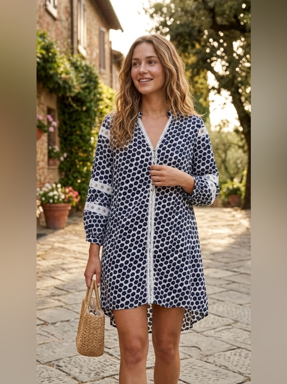 Diane von‎ Furstenberg (DVF) Navy Geometric Floral Eyelet Tunic Mini Dress
